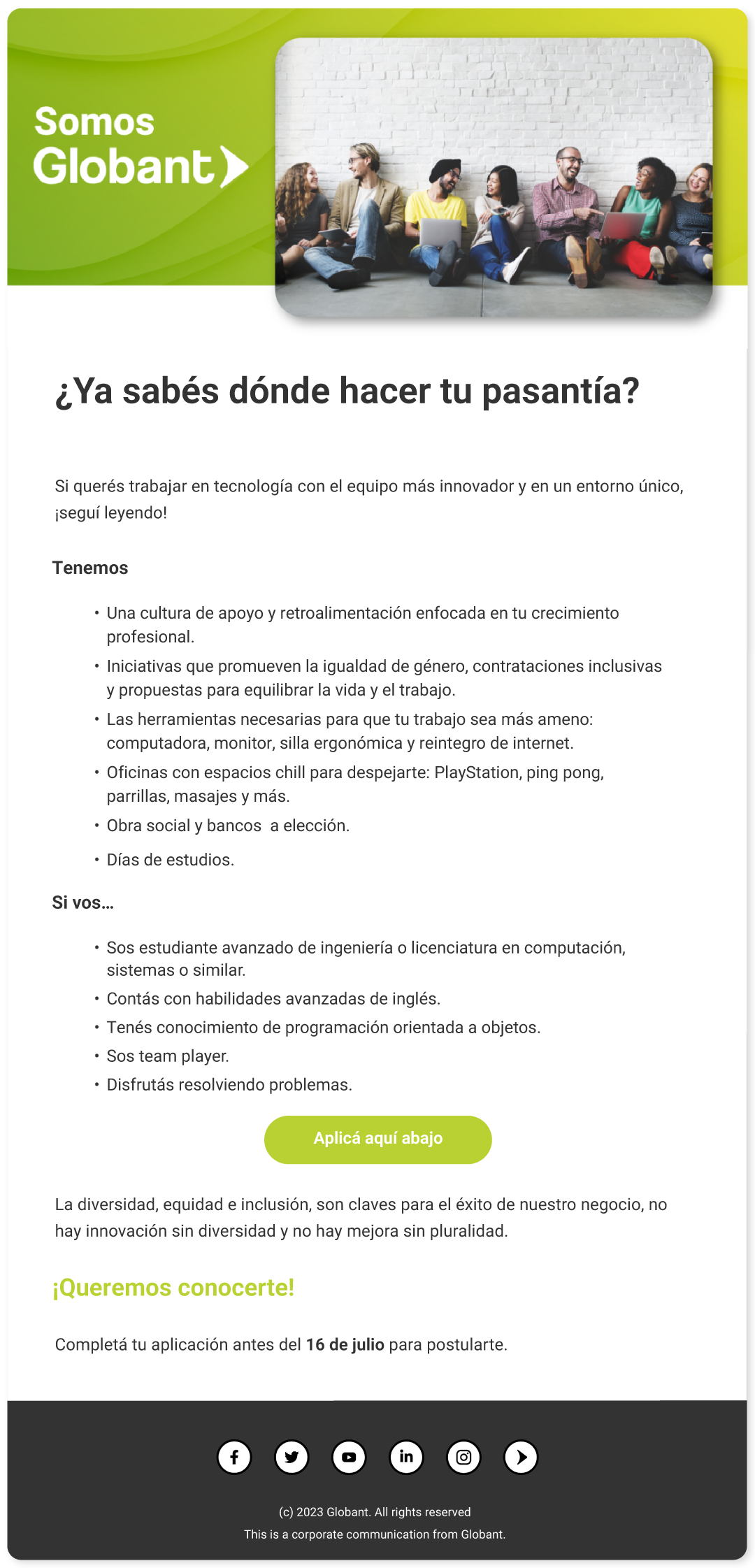 Aviso de oferta de trabajo globant Julio